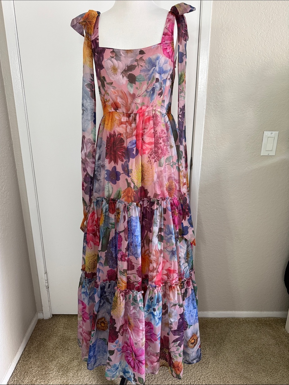 Floral Tie-Shoulder Maxi Dress in Pink Floral Print